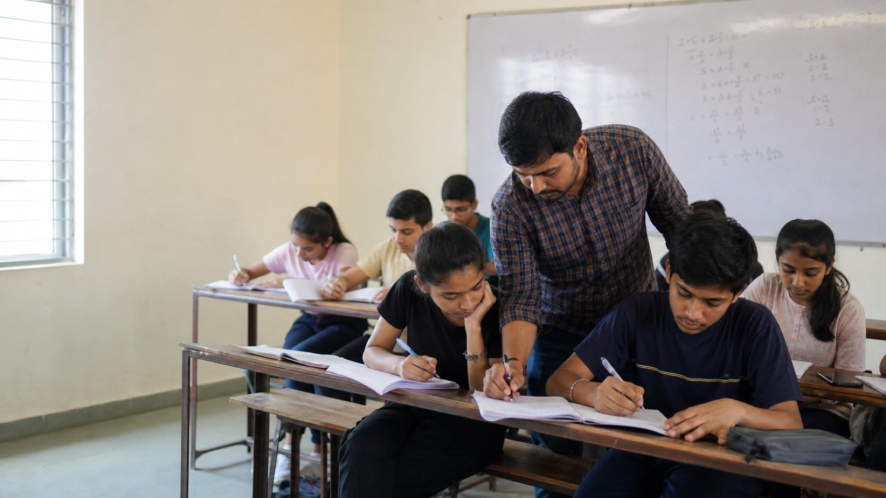Teacher guiding students through a mathematics exercise in class